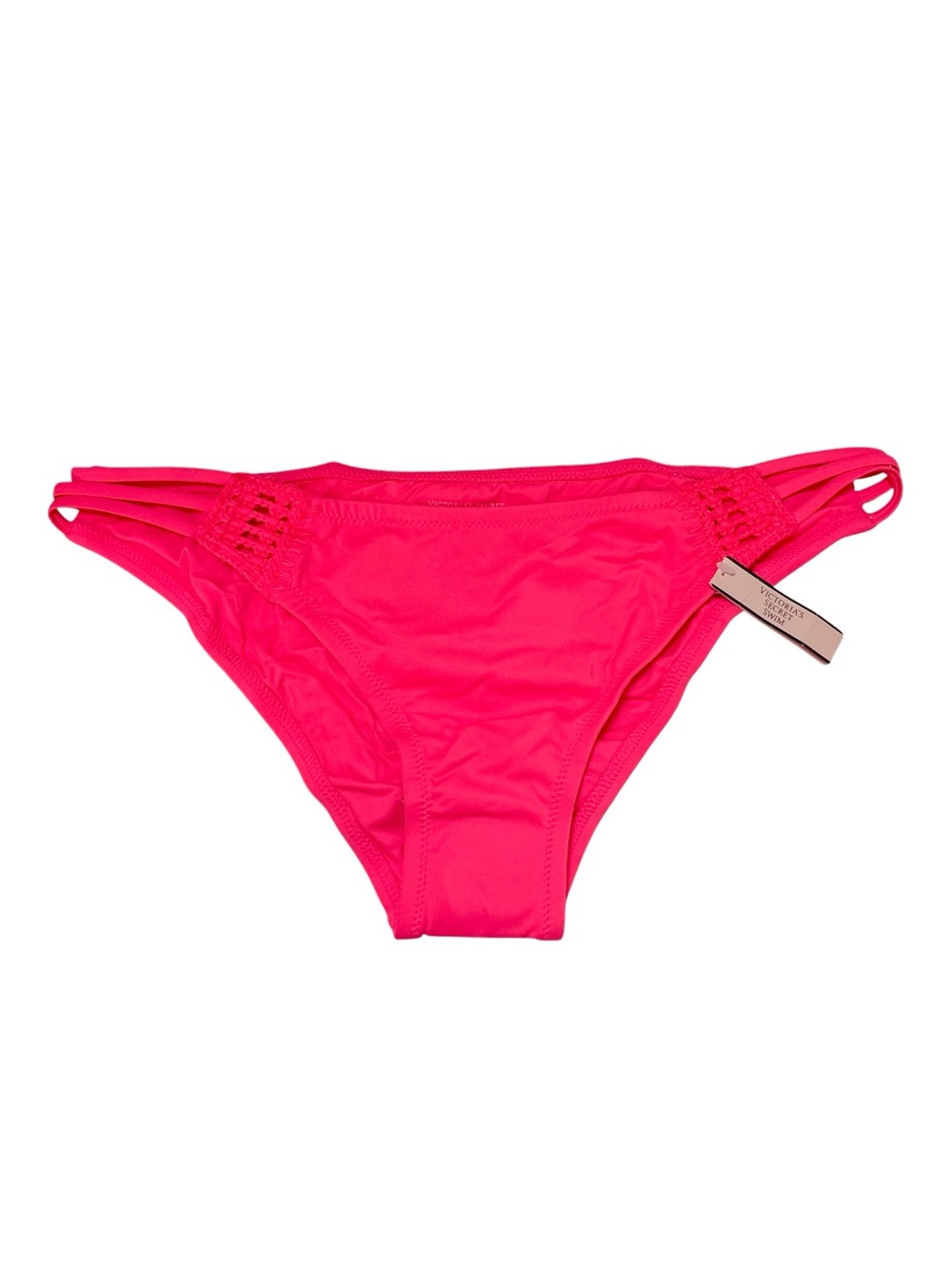 New Victorias Secret Crochet Strappy Cheeky Bikini Swim Bottom Coral Pink Size L